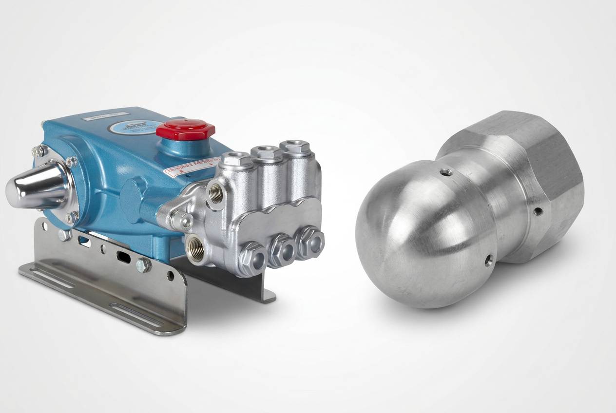 High pressure cleaning system — pressure washer pump and sewer cleaning nozzle